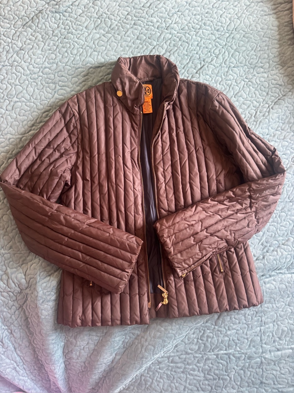 Tory Burch Brown Puffer Jacket with Textured Design